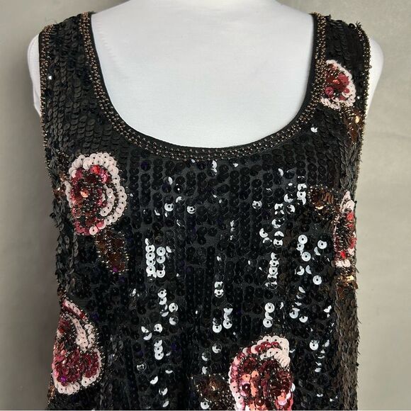 Forever 21 Top Black Pink Floral Sequin Beaded Sleeveless Whimsigoth Party Tank - Picture 5 of 9